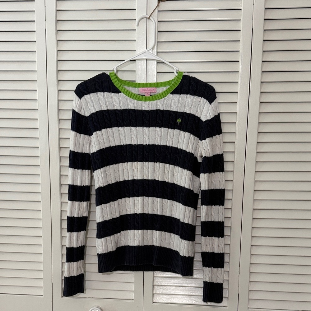 Lilly Pulitzer Blue and White Striped Sweater with Green Accents